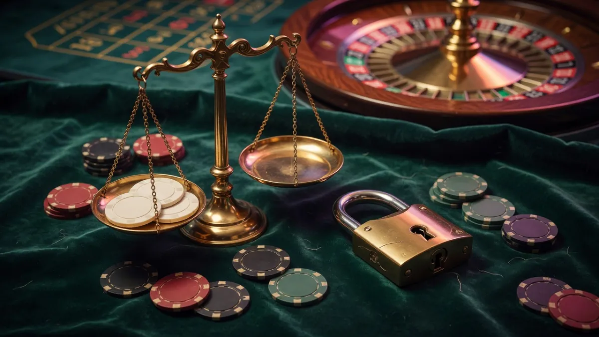 Goldene Waage der Gerechtigkeit, offenes Vorhängeschloss und Casino-Chips auf einem Spieltisch